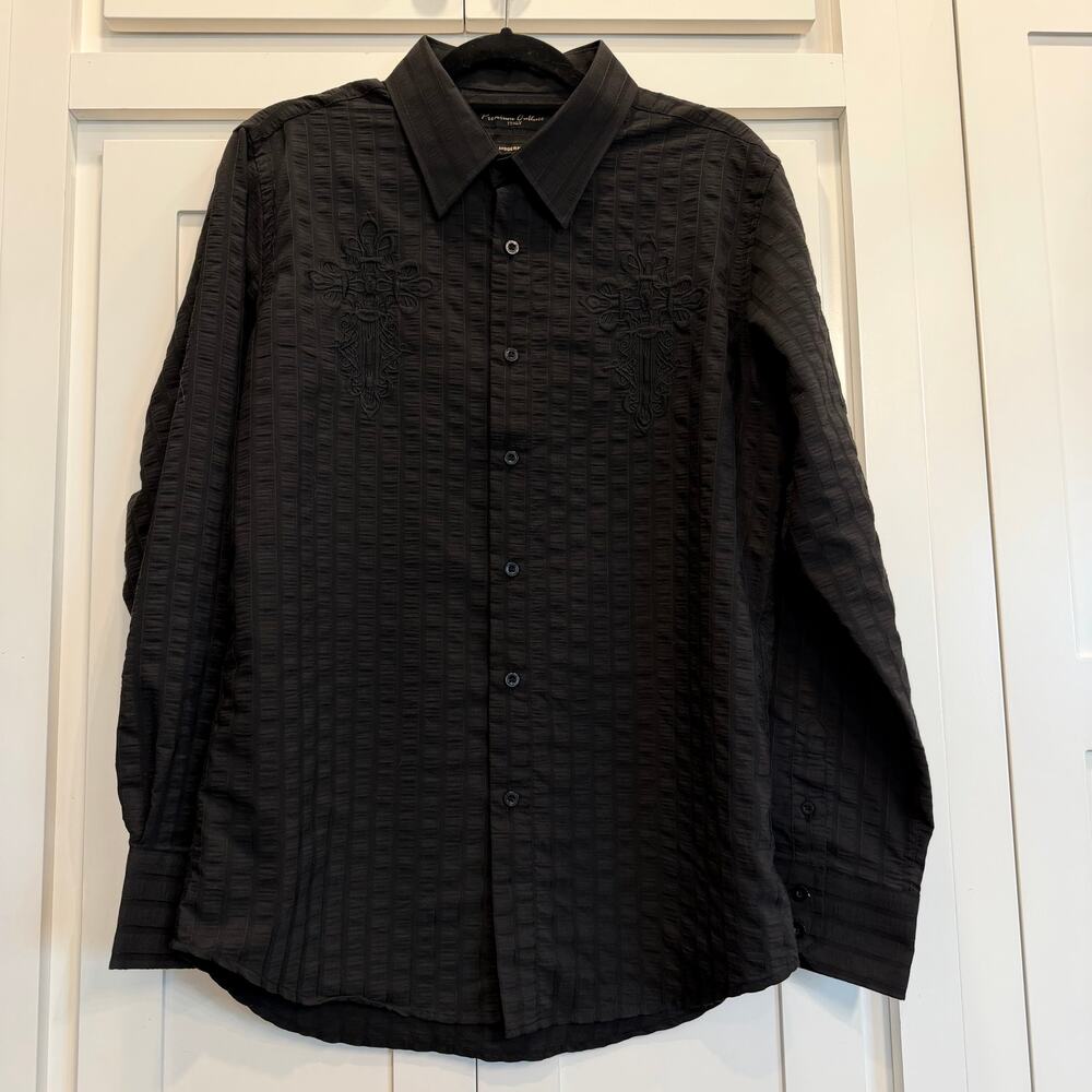 Premium Culture Italy Black Textured Button Down Shirt Men’s Medium Modern Fit